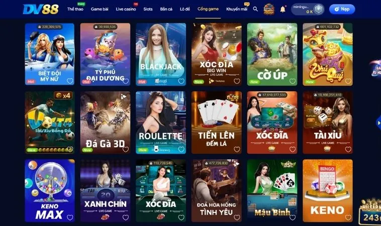 Đa dạng các thể loại game nhanh để trải nghiệm tại DV88